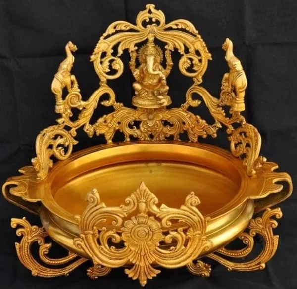 Brass Urli Bowl for Floating Flowers (Decoration Religious Ganesha), 16 inch, brass, Vedikcraft Moradabad