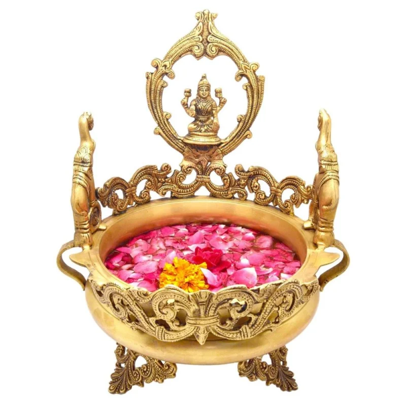 Brass Urli Bowl for Floating Flowers (Lakshmi Carved), 9 inch