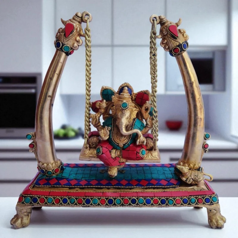 Ganesh Ji Idol in Brass, on Jhula, 10 inch – for Pooja Room