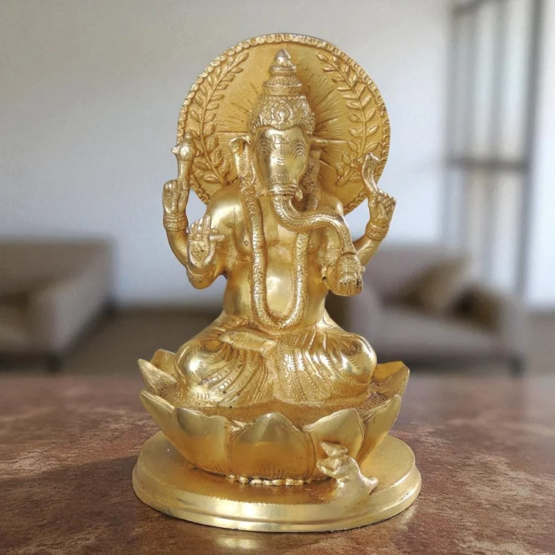 Ganesh Ji Idol in Brass, on Lotus, 9.2 inch – for Pooja Room