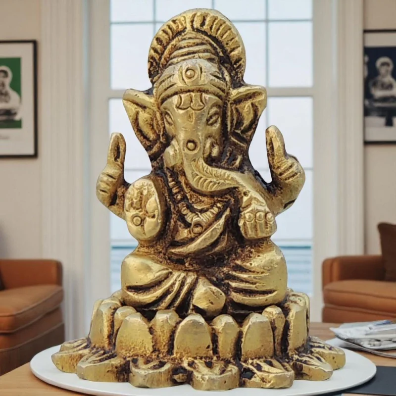 Ganesh Ji Idol in Brass, on Lotus (Ganeshji), 2 inch – for Desk and Car