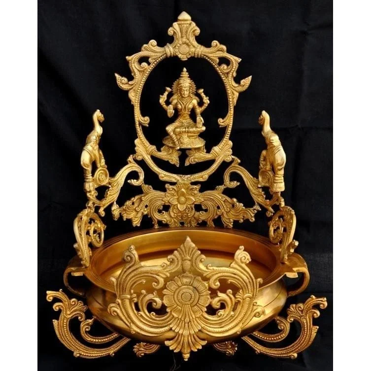 Brass Urli Bowl for Floating Flowers (Lakshmi Figure), 18 inch