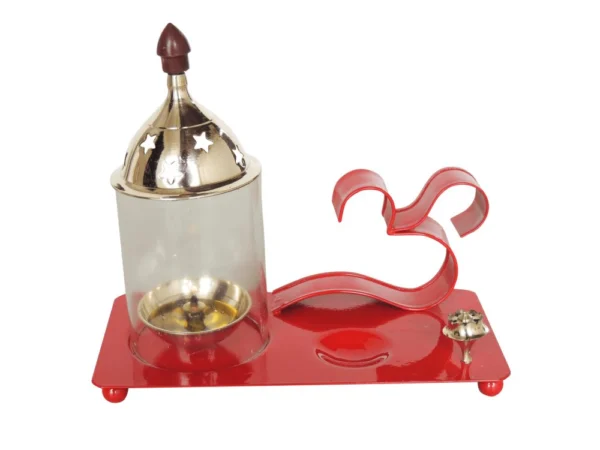 Iron Table Oil Lamp (Samai) (Chimney), 6.5 inch, Red, Vedikcraft Moradabad