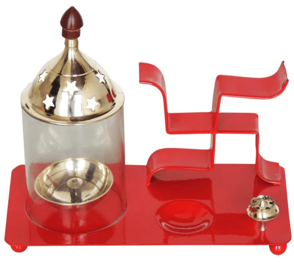 Iron Table Oil Lamp (Samai) (Swastic Chimney), 6.5 inch, Red, Vedikcraft Moradabad