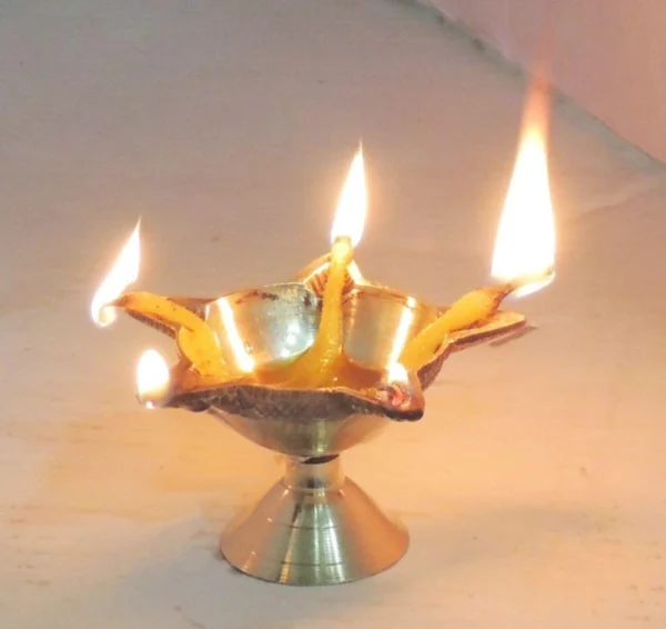 Brass Panch Mukhi Diya (Deepak), brass, Vedikcraft Moradabad