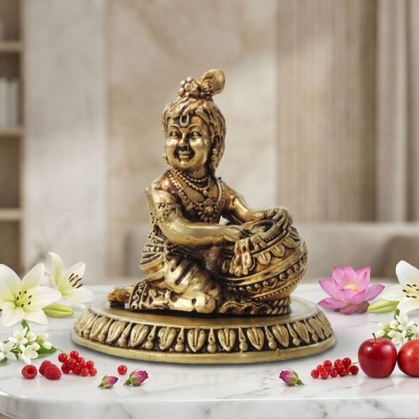 Laddu Gopal Idol in Brass (Makhan Krishna), 3.2 inch, brass, Vedikcraft Moradabad
