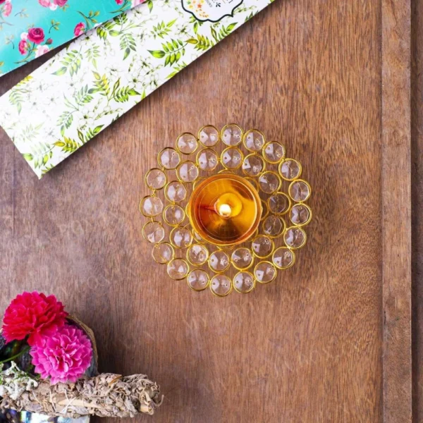 Brass Crystal Diya (Deepak) (Round), 1 inch, Set of 2, brass, Vedikcraft Moradabad