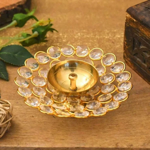 Brass Crystal Diya (Deepak) (Round), 2 inch, brass, Vedikcraft Moradabad
