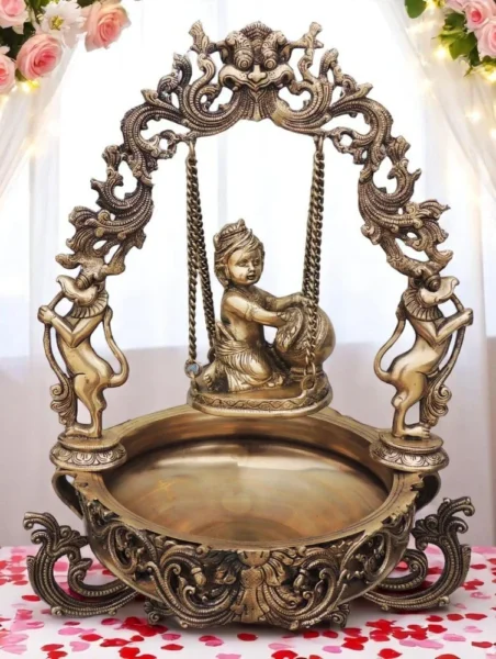 Brass Urli Bowl for Floating Flowers (Decoration Made Baby), 15.5 inch, brass, Vedikcraft Moradabad